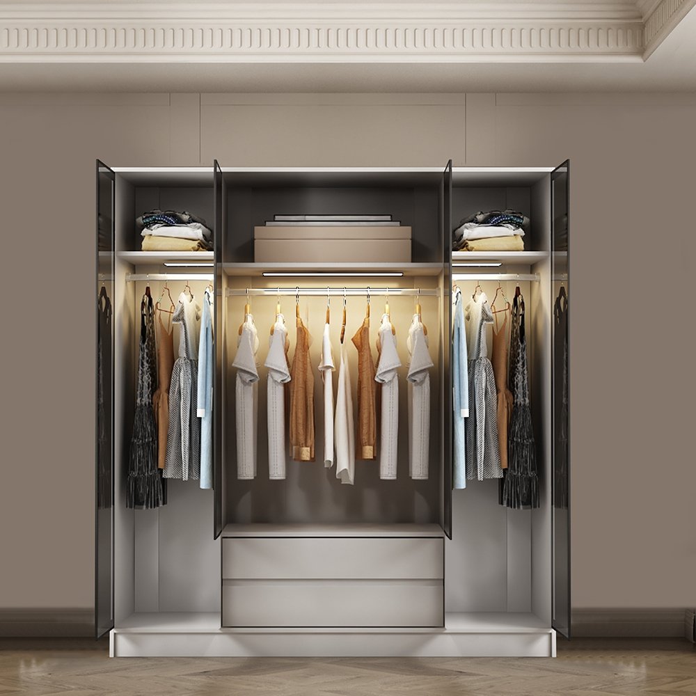 دولاب ملابس 4 باب ابيض زجاج مع إضاءة دولاب ملابس 4 باب ابيض زجاج مع إضاءة