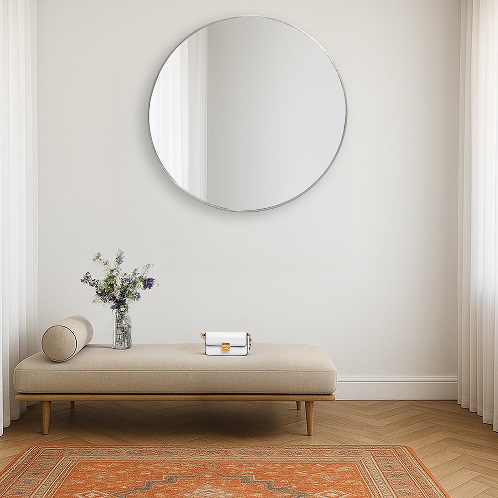 مرآة ديكور حائط دائرية بإطار فضي 100×100سم