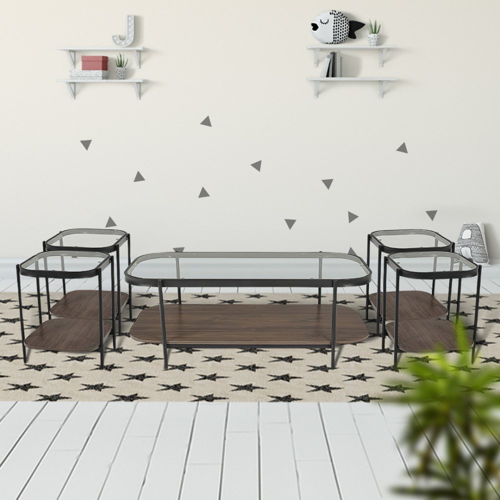 طقم طاولات خدمة 5 قطع من الزجاج والخشب والمعدن لون بني 60*45 سم