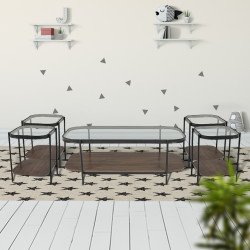 طقم طاولات خدمة 5 قطع من الزجاج والخشب والمعدن لون بني 60*45 سم