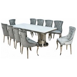 طاولة طعام فاخرة رخام بأرجل معدنية 10 كراسي رمادي طاولة طعام فاخرة رخام بأرجل معدنية 10 كراسي رمادي