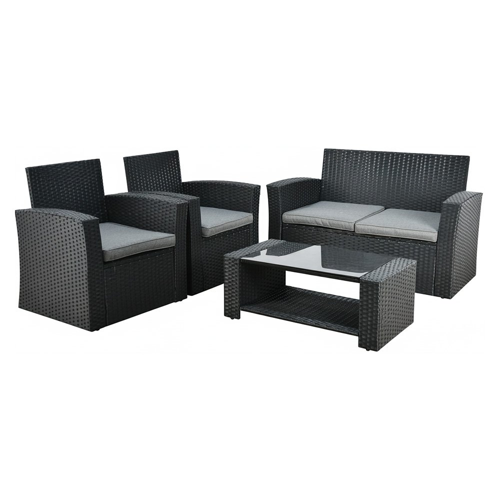 جلسة 4 مقاعد راتان مع طاولة بسطح زجاجي أسود جلسة 4 مقاعد راتان مع طاولة بسطح زجاجي أسود