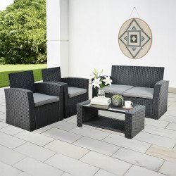 جلسة 4 مقاعد راتان مع طاولة بسطح زجاجي أسود