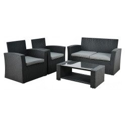 جلسة 4 مقاعد راتان مع طاولة بسطح زجاجي أسود