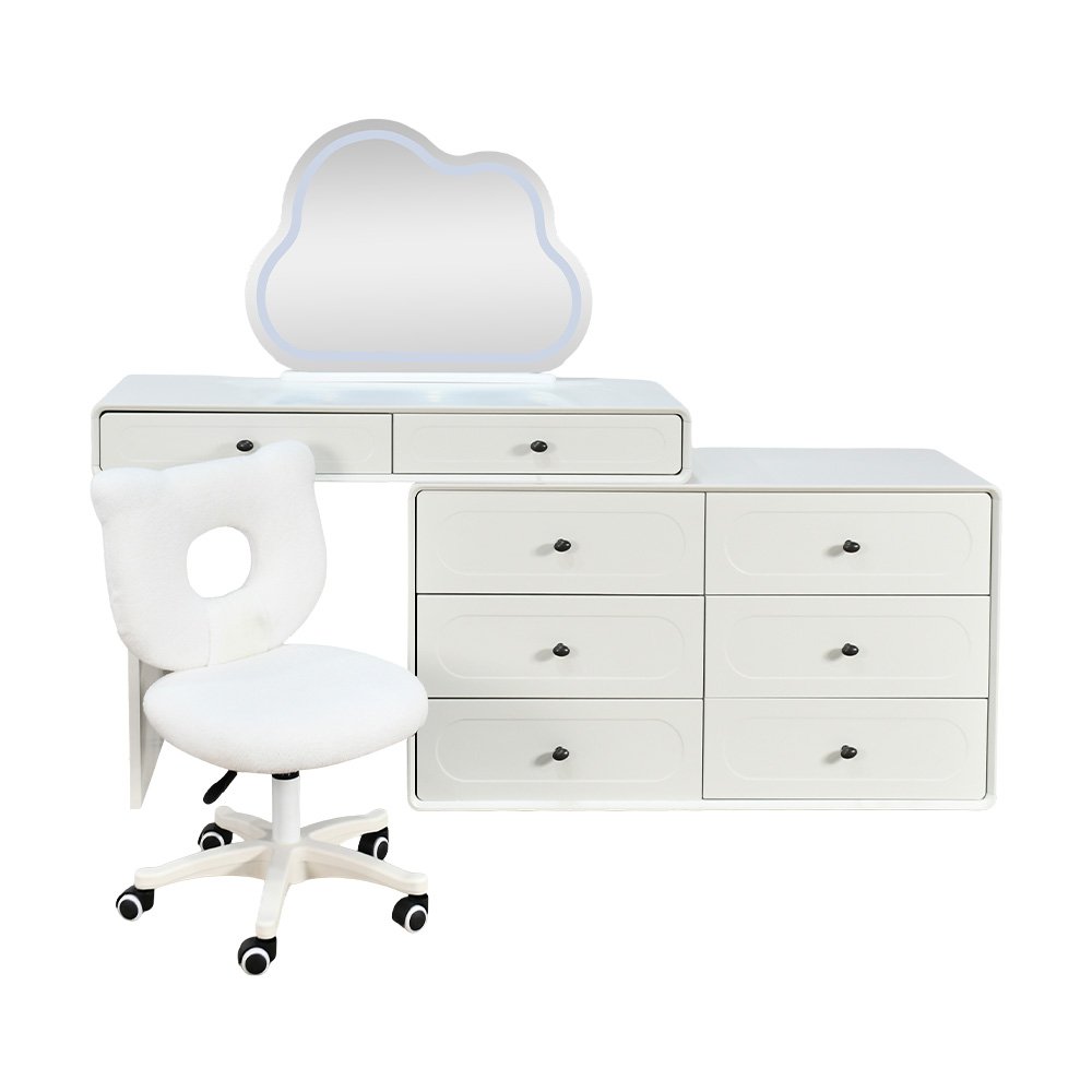 طاولة زينة مع مرآة مضيئة بخزانة 6 أدراج ومقعد أبيض