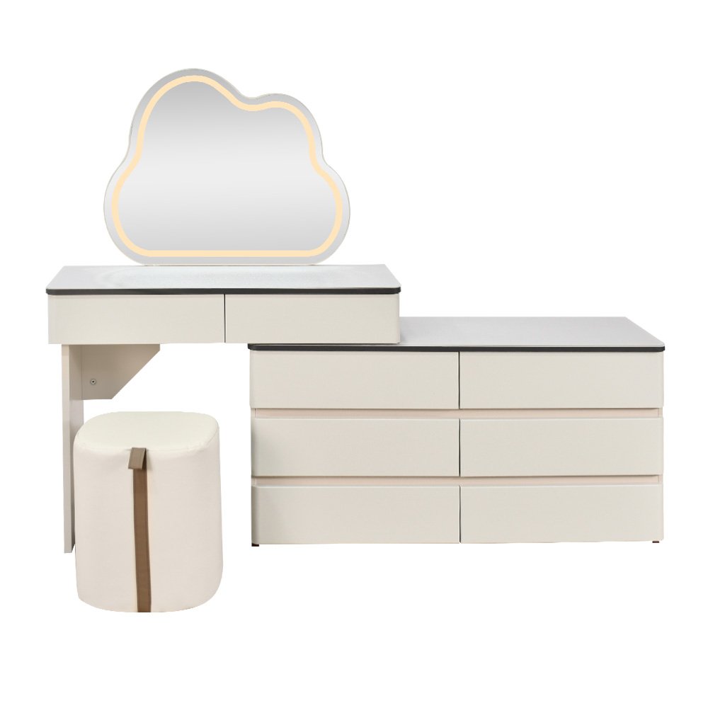 طاولة زينة بخزانة 6 أدراج وسطح زجاج مع مرآة مضيئة