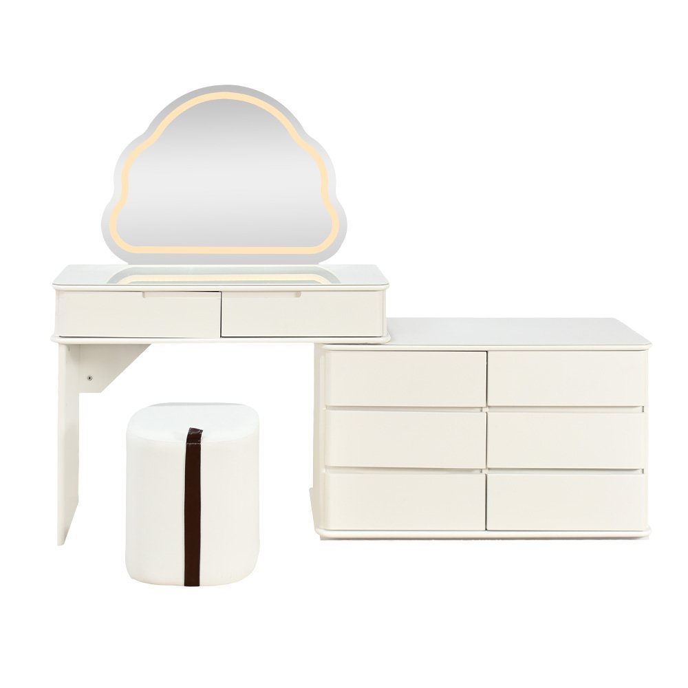 طاولة زينة بخزانة 6 أدراج وسطح زجاج مع مرآة مضيئة