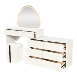 طاولة زينة بخزانة 6 أدراج وسطح زجاج مع مرآة مضيئة طاولة زينة بخزانة 6 أدراج وسطح زجاج مع مرآة مضيئة