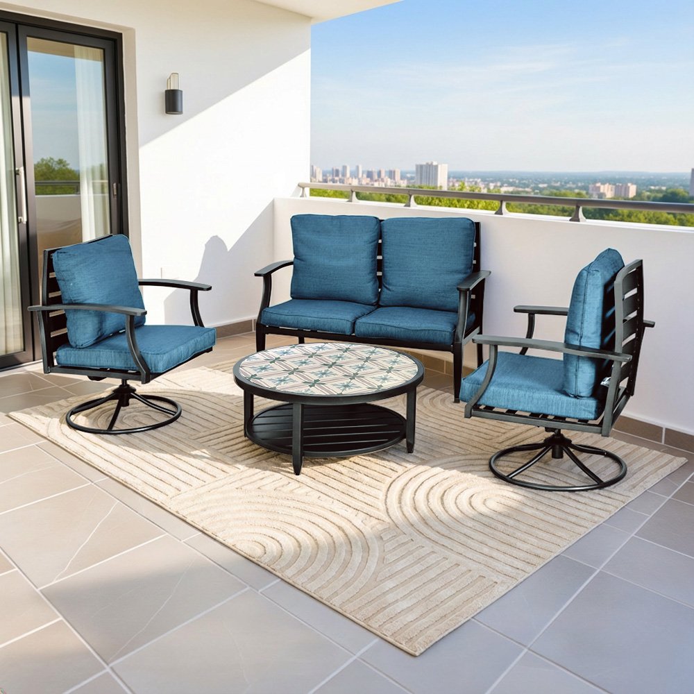 جلسة خارجية معدنية 4 مقاعد كراسي دوارة مع طاولة