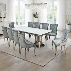 طاولة طعام فاخرة رخام بأرجل معدنية 10 كراسي رمادي طاولة طعام فاخرة رخام بأرجل معدنية 10 كراسي رمادي