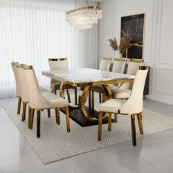 طاولة طعام رخام فاخرة 8 كراسي بقاعدة معدنية ذهبية طاولة طعام رخام فاخرة 8 كراسي بقاعدة معدنية ذهبية