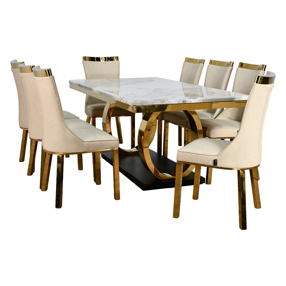طاولة طعام رخام فاخرة 8 كراسي بقاعدة معدنية ذهبية