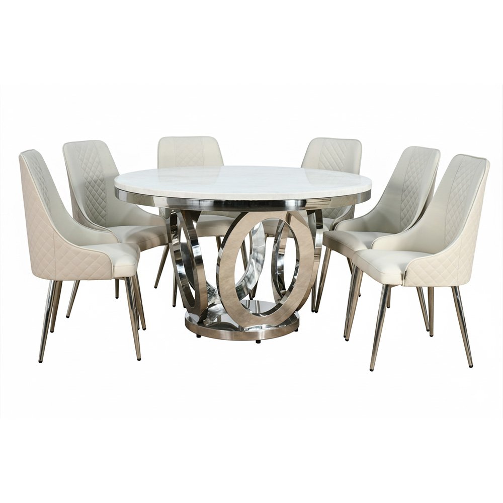 طاولة طعام فاخرة سطح رخامي دوار 6 كراسي رمادي