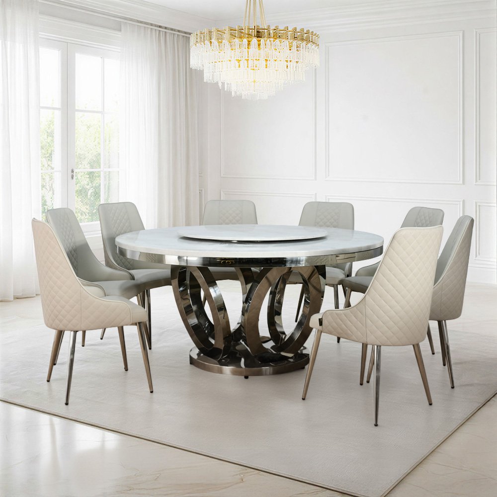 طاولة طعام فاخرة سطح رخامي دوار 8 كراسي رمادي