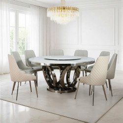طاولة طعام فاخرة سطح رخامي دوار 8 كراسي رمادي