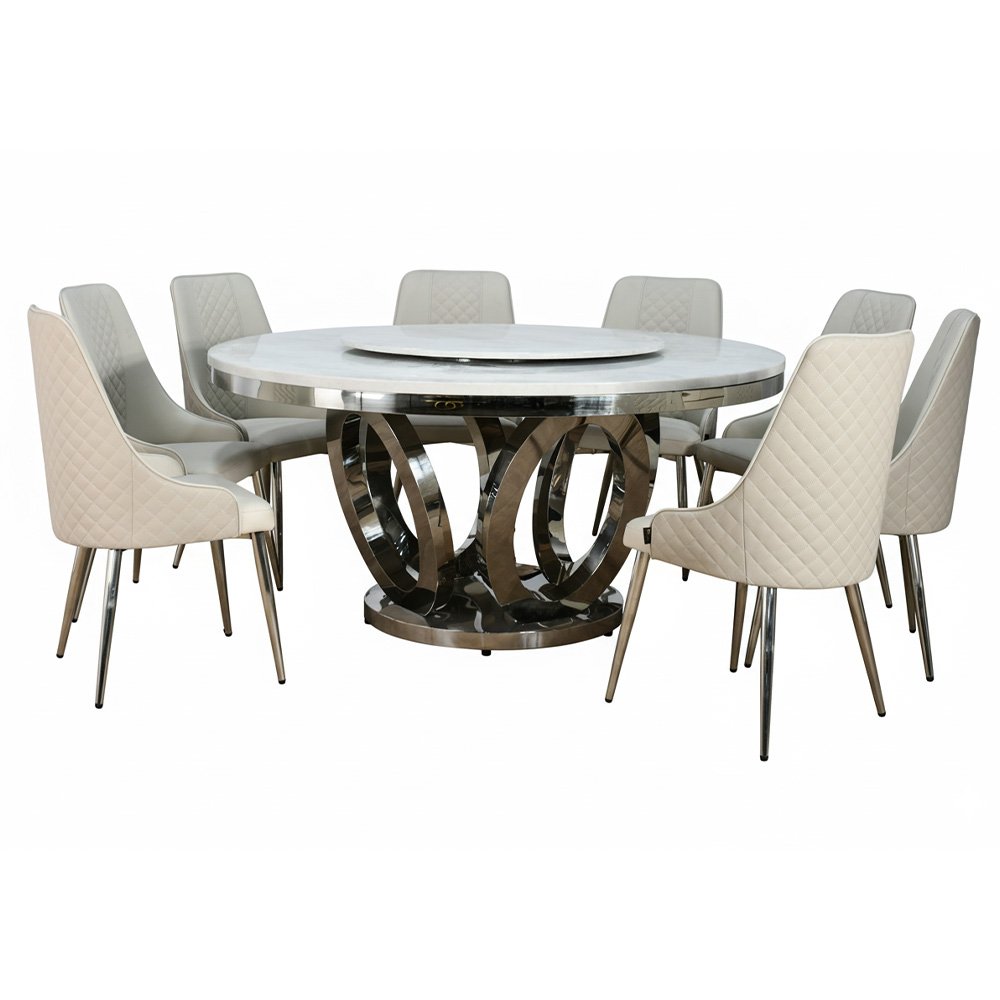 طاولة طعام فاخرة سطح رخامي دوار 8 كراسي رمادي