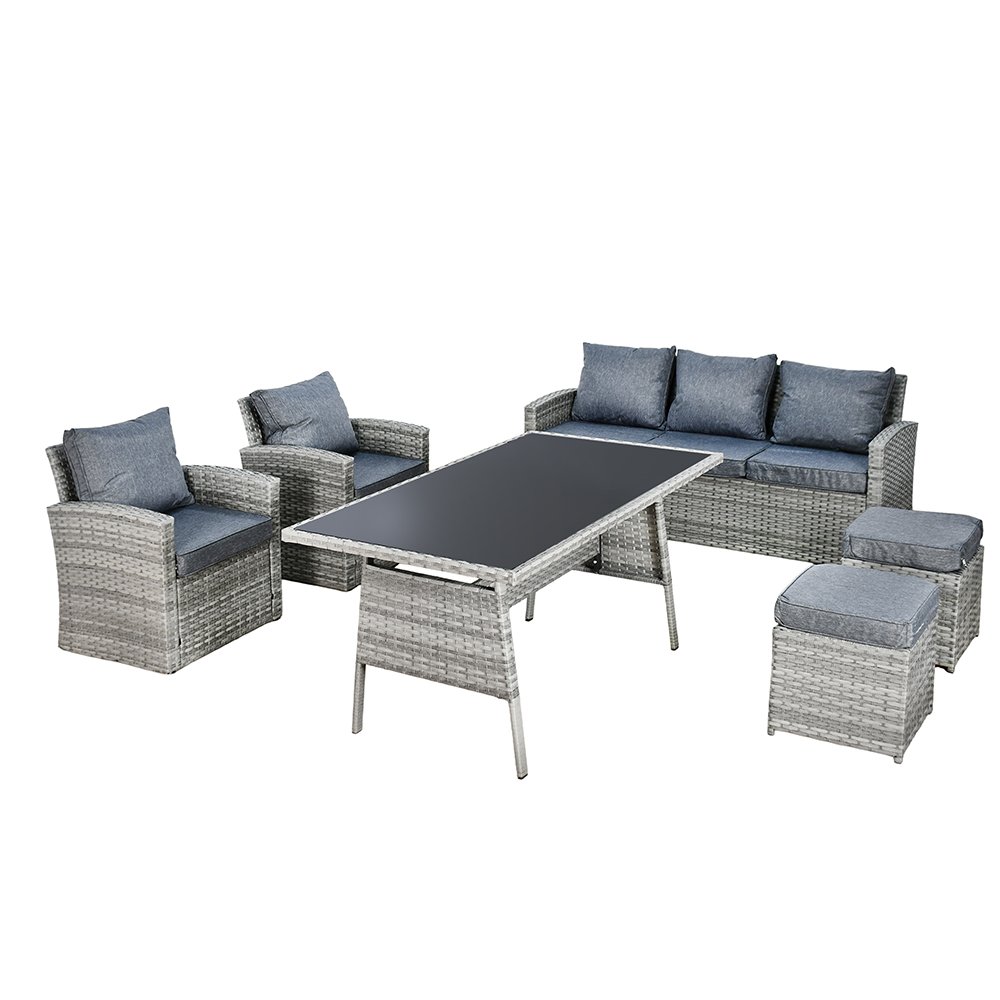 جلسة خارجية 7 مقاعد راتان وطاولة بسطح زجاجي