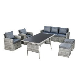 جلسة خارجية 7 مقاعد راتان وطاولة بسطح زجاجي