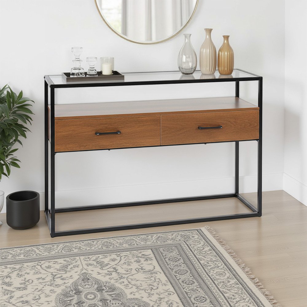 مدخل أستقبال سطح زجاجي بهيكل معدني بني