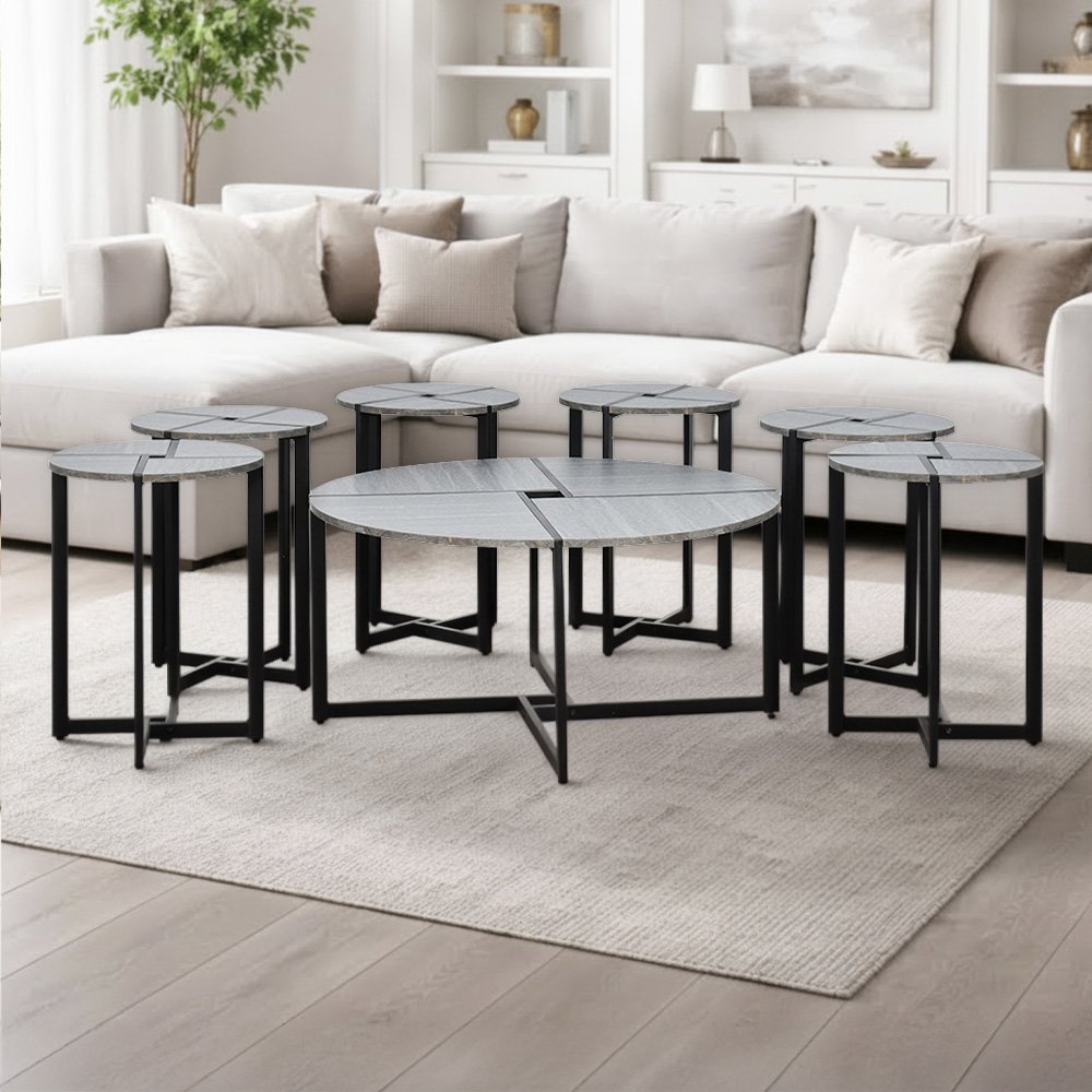 طقم طاولات خدمة مودرن 7 قطع خشبي رمادي