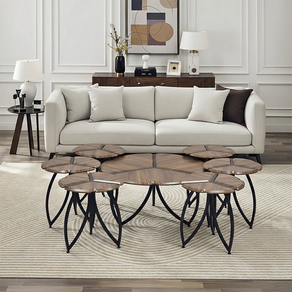 طقم طاولات خدمة مودرن 7 قطع خشبي بني