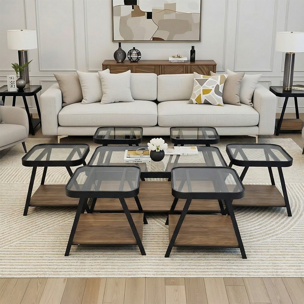 طقم طاولات خدمة 7 قطع 2 دور سطح زجاجي