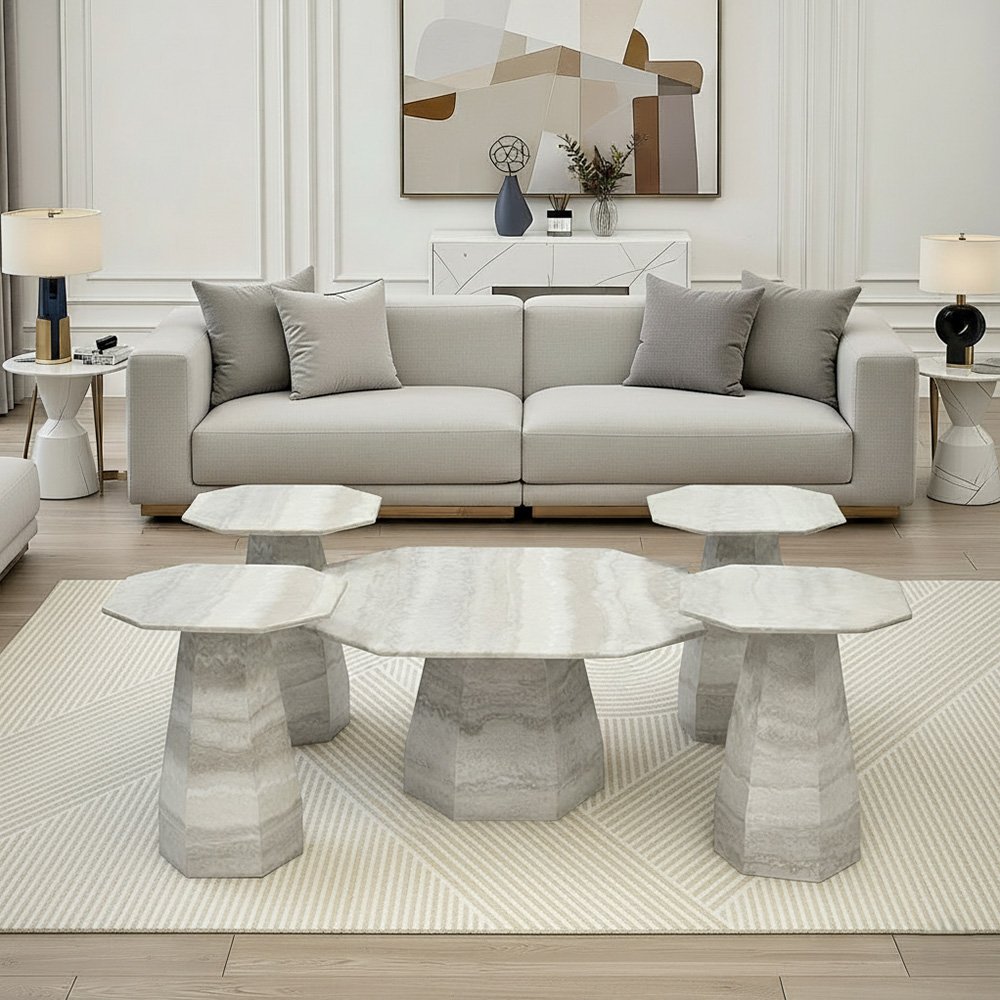 طقم طاولات خدمة 5 قطع خشبي رمادي