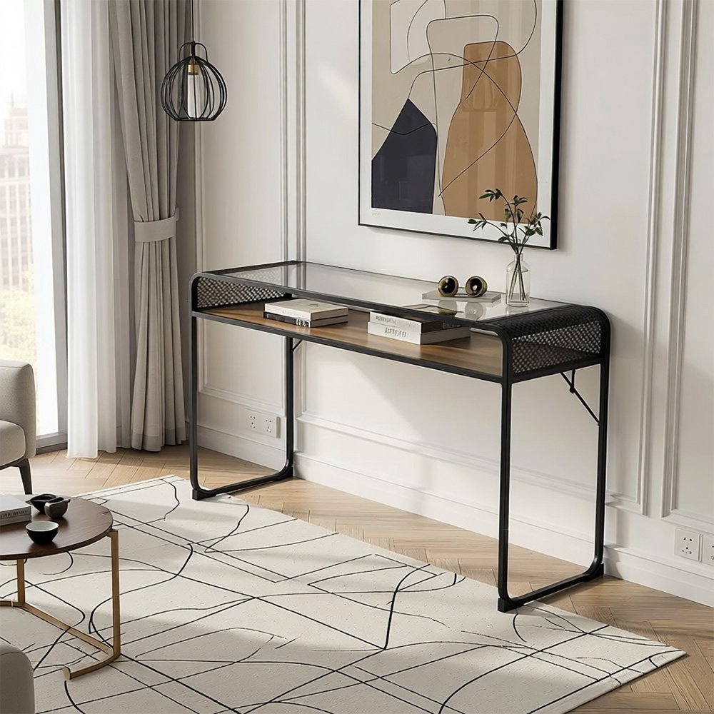 مدخل استقبال عصري سطح زجاجي ورف خشبي