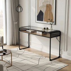 مدخل استقبال عصري سطح زجاجي ورف خشبي