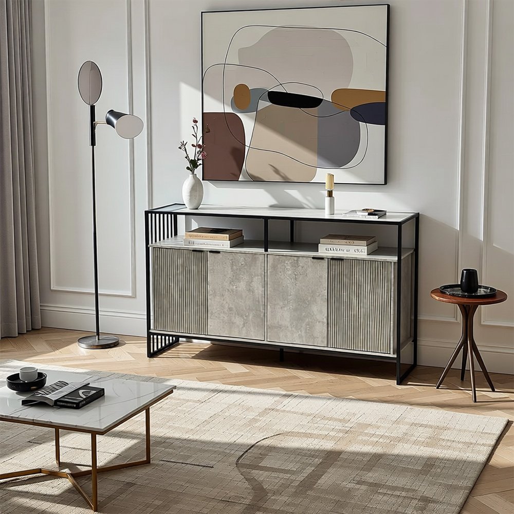 دولاب بوفيه صالة خشبي بهيكل معدني رمادي