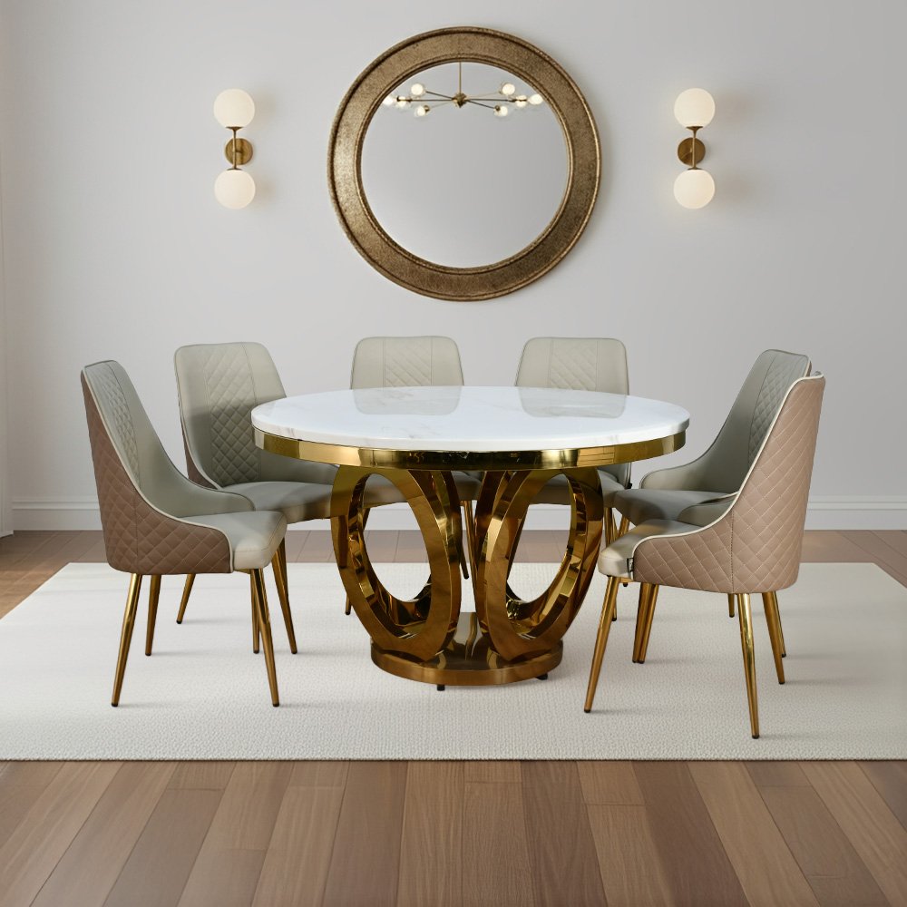 طاولة طعام رخام فاخرة 6 كراسي بقاعدة ذهبية