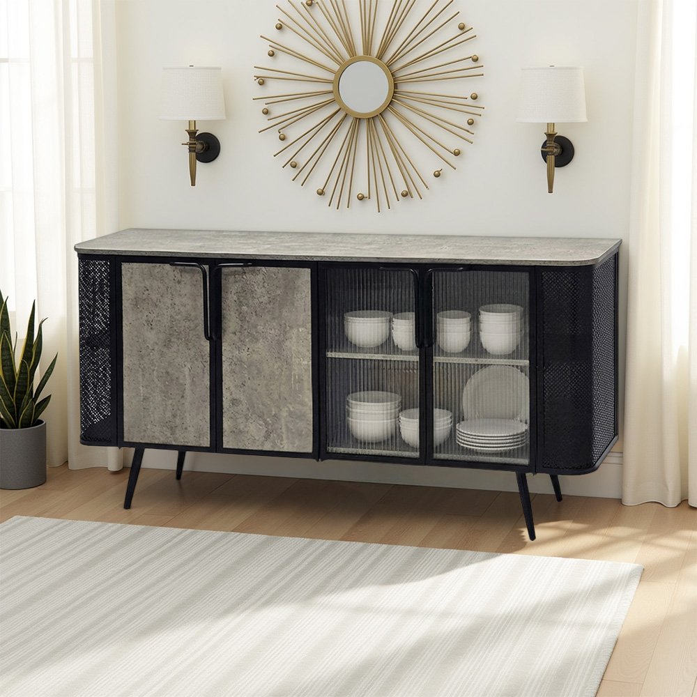 دولاب بوفيه صالة خشبي بأبواب زجاج رمادي 160 سم دولاب بوفيه صالة خشبي بأبواب زجاج رمادي 160 سم