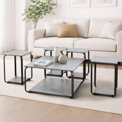 طقم طاولات خدمة 5 قطع 2 دور خشب رمادي طقم طاولات خدمة 5 قطع 2 دور خشب رمادي