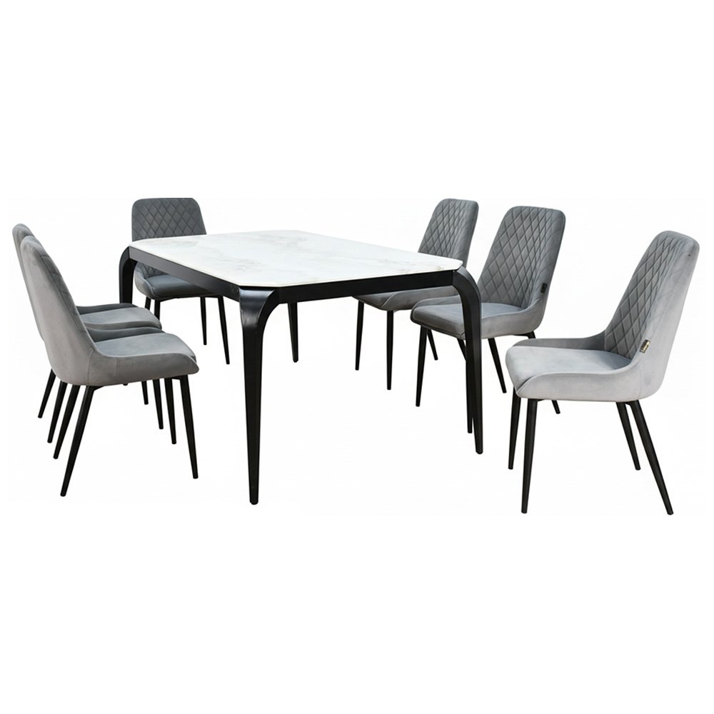 طاولة طعام رخام مع أرجل معدنية 6 كراسي رمادي