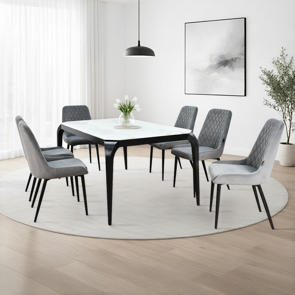 طاولة طعام رخام مع أرجل معدنية 6 كراسي رمادي