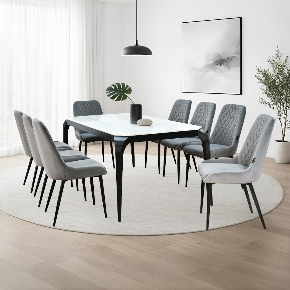 طاولة طعام رخام مع أرجل معدنية 8 كراسي رمادي طاولة طعام رخام مع أرجل معدنية 8 كراسي رمادي