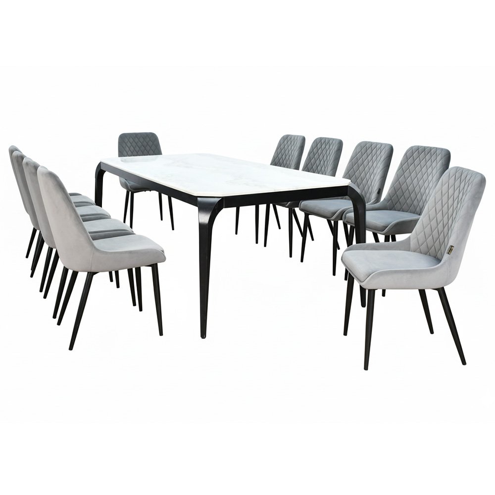 طاولة طعام رخام بأرجل معدنية 10 كراسي رمادي
