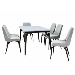 طاولة طعام خشب بأرجل معدنية 6 كراسي رمادي