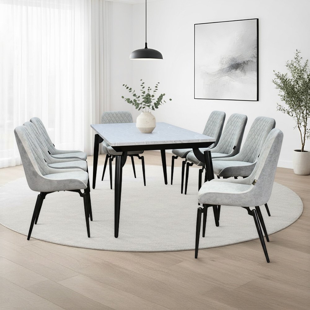 طاولة طعام خشب بأرجل معدنية 8 كراسي رمادي