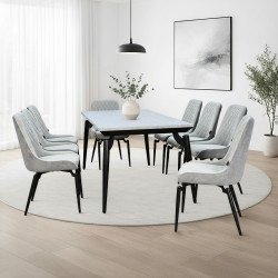 طاولة طعام خشب بأرجل معدنية 8 كراسي رمادي