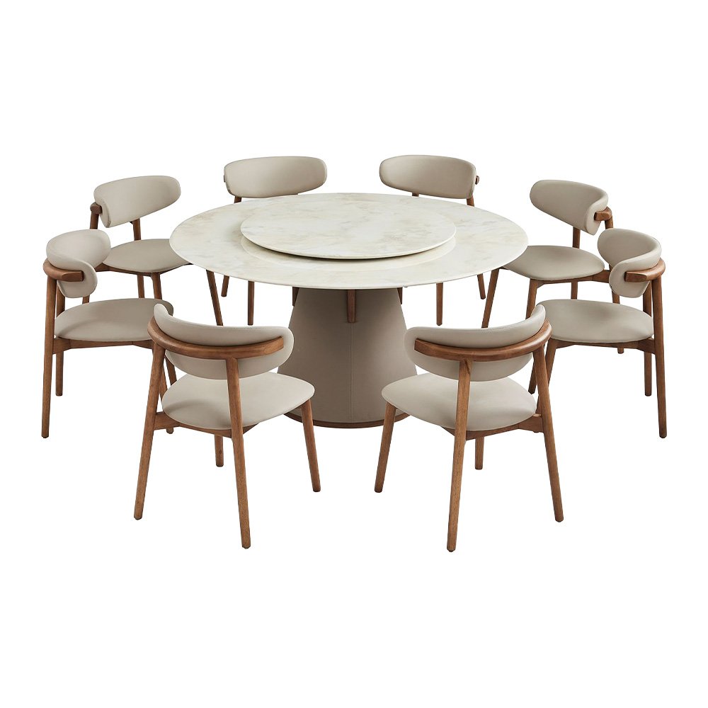 طاولة طعام فاخرة سطح رخامي دوار 8 كراسي بيج