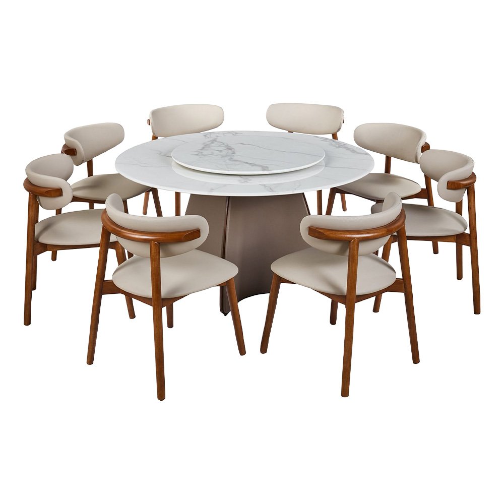 طاولة طعام فاخرة سطح رخامي دوار 8 كراسي بيج