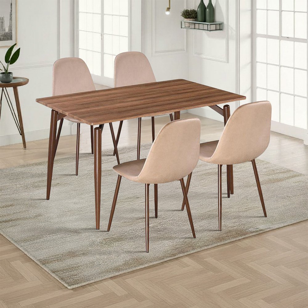 طاولة طعام خشبية 4 كراسي مخمل بني