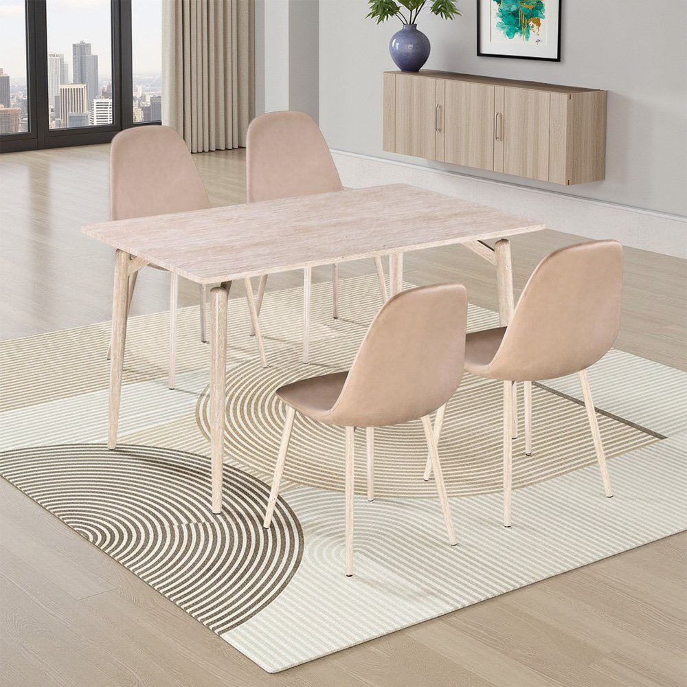 طاولة طعام خشبية 4 كراسي مخمل بيج