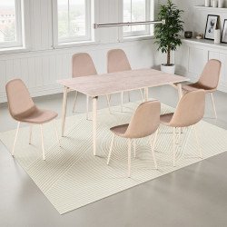 طاولة طعام خشبية 6 كراسي مخمل بيج