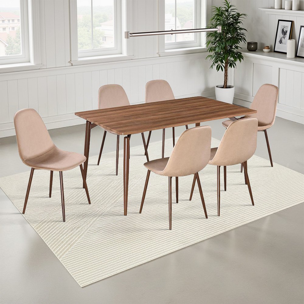 طاولة طعام خشبية 6 كراسي مخمل بني