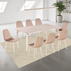 طاولة طعام خشبية 8 كراسي مخمل بيج