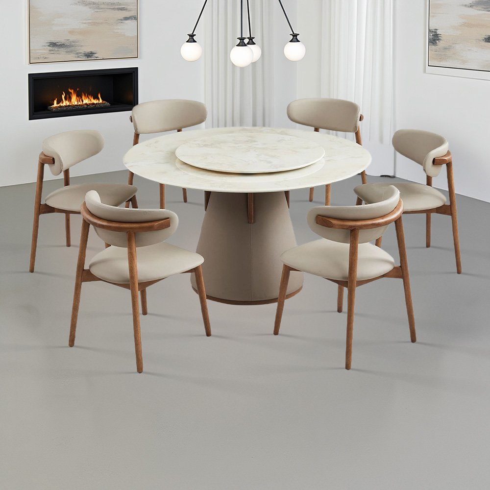 طاولة طعام فاخرة سطح رخامي دوار 6 كراسي بيج