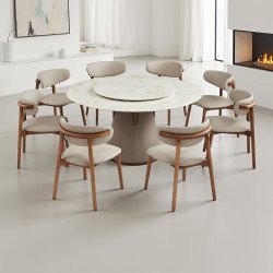 طاولة طعام فاخرة سطح رخامي دوار 8 كراسي بيج