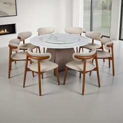 طاولة طعام فاخرة سطح رخامي دوار 8 كراسي بيج طاولة طعام فاخرة سطح رخامي دوار 8 كراسي بيج